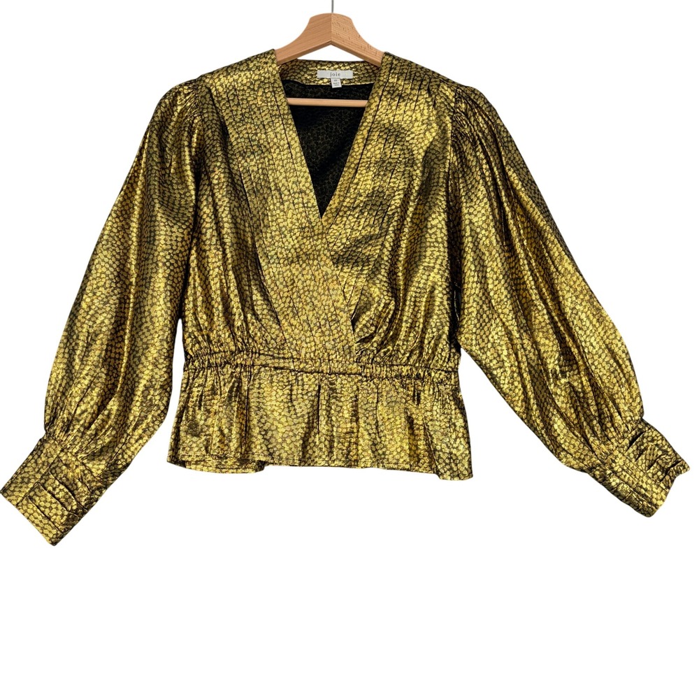 Joie Gold Metallic Animal Print Peplum Wrap Blouse Balloon Sleeve XS 19-3-006043